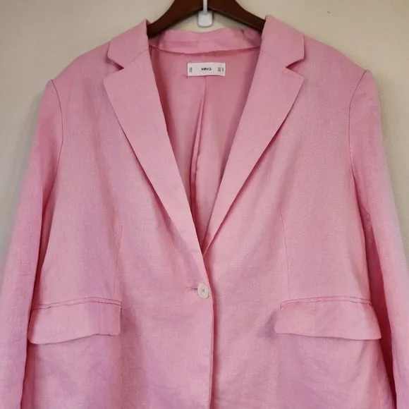 MNG by Mango Women Blazer Suit 100 Linen, Line, 1 botton front, Pockets, Lined - Picture 4 of 15